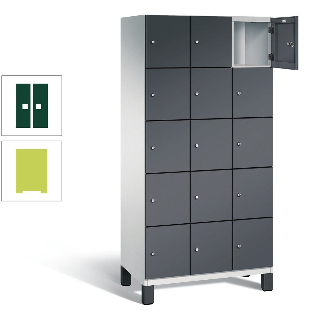 Fächerschrank, Stahlschrank, 15 Fächer, Türöffnungsbegrenzer, Füße, 1.980 x 900 x 525 mm (HxBxT), Korpus anthrazitgrau, Front anthrazitgrau