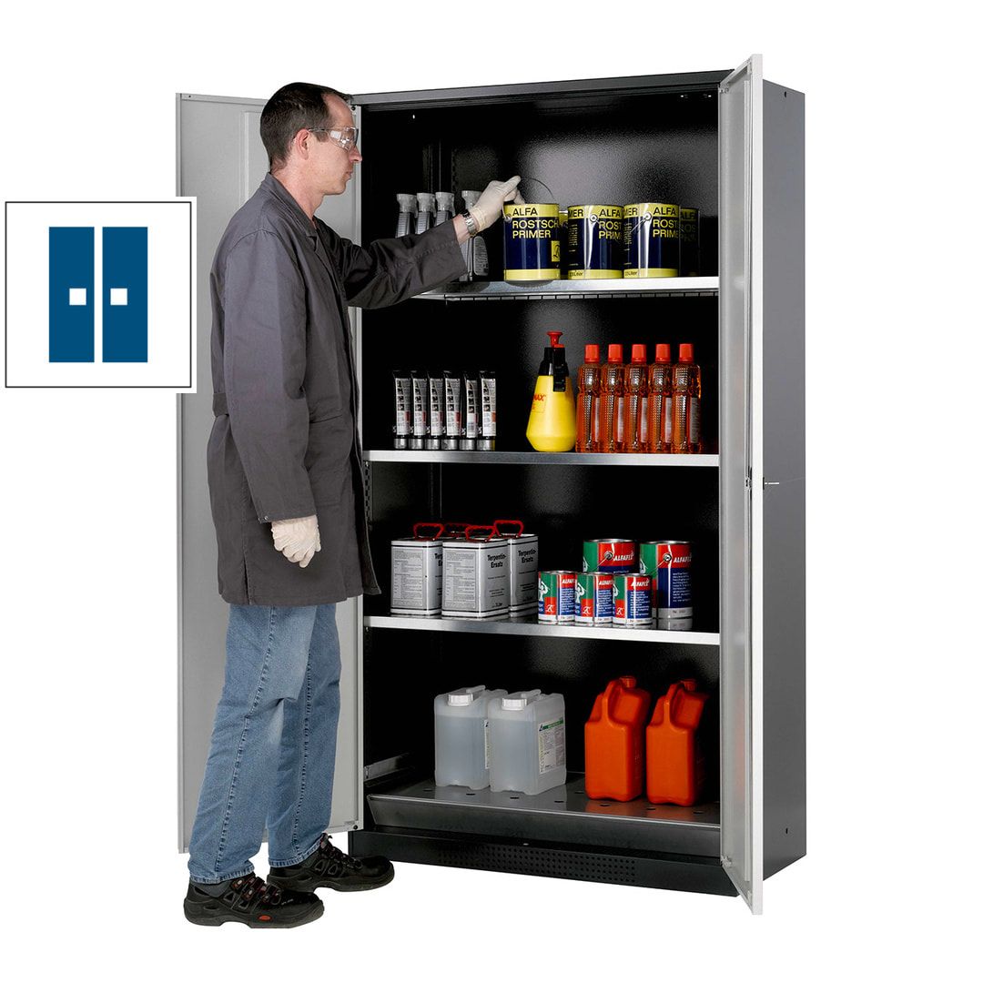 Chemikalienschrank - Falttüren, enzianblau - 3 Fachböden - 1.950 x 1.055 x 520 mm (HxBxT) - Stahl, pulverbeschichtet