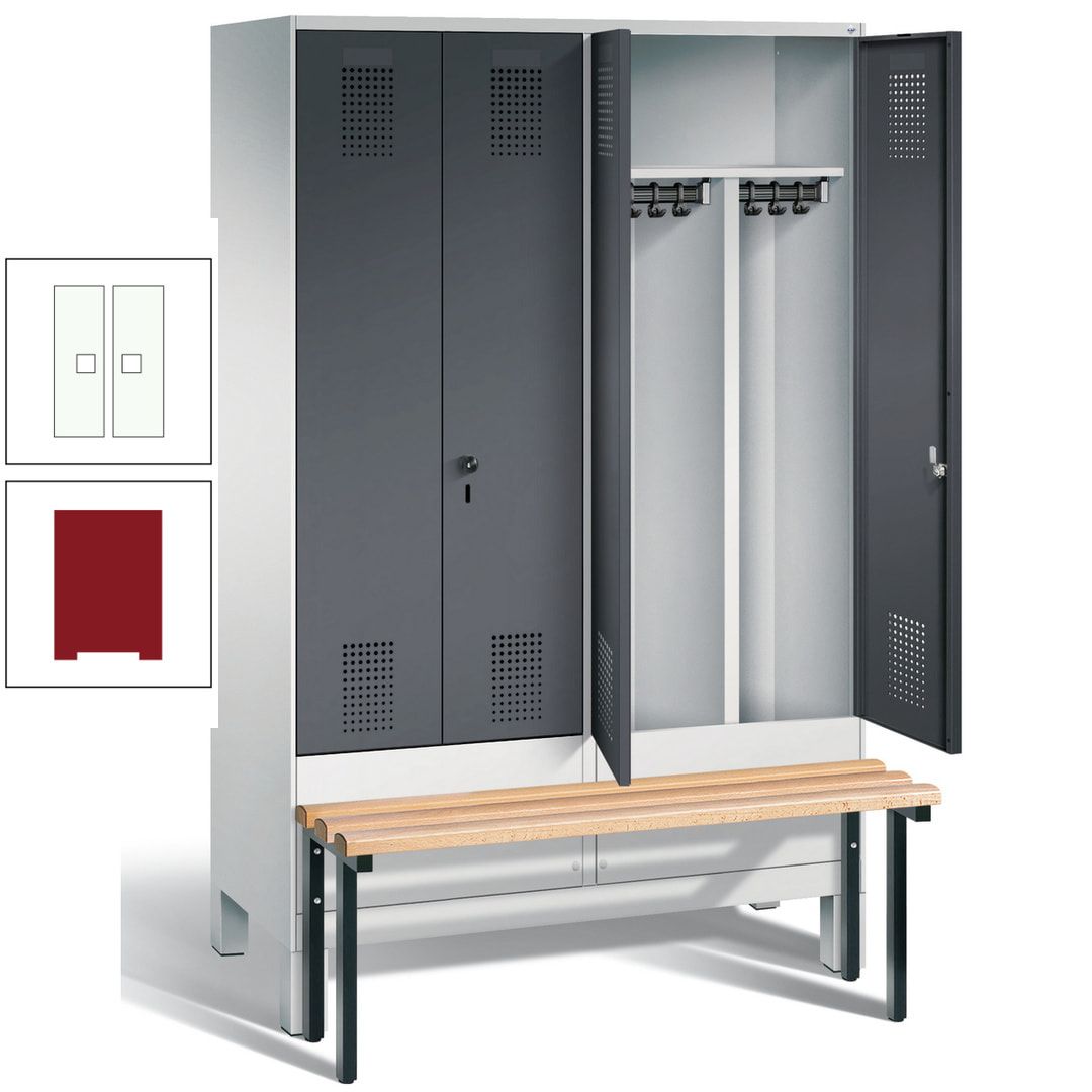 Doppel-Spind, Garderobenschrank, Buche Sitzbank vorgebaut, 4 Abteile a 300 mm, Korpus feuerrot, Tür Wasserblau, 1.850 x 1.200 x 815 mm (HxBxT)