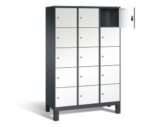 Garderobenschrank, Spindschrank auf Füßen, 3 Abteile, 15 Fächer, 1.850 x 1.200 x 500 mm (HxBxT), Holzdekor, Korpus lichtgrau