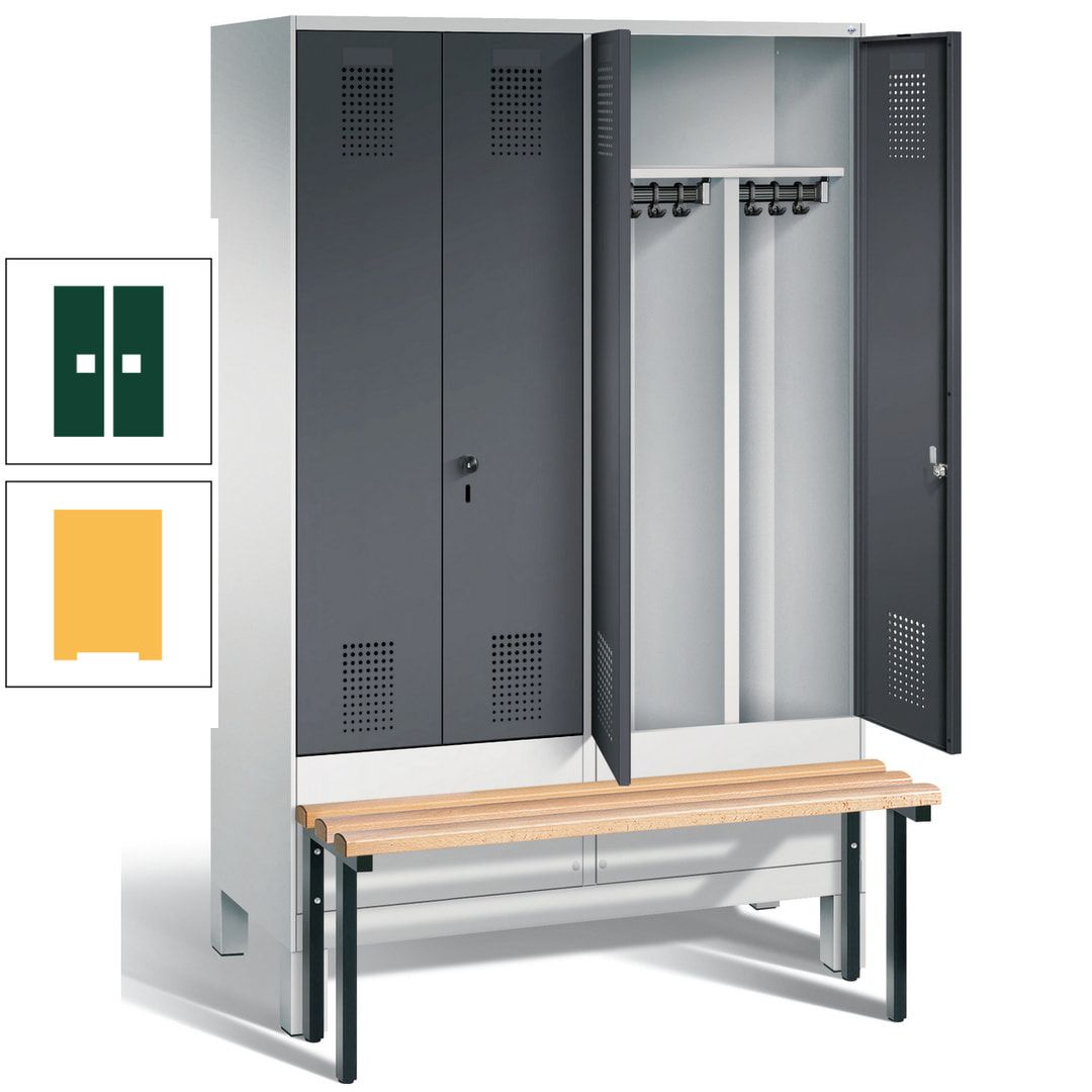 Doppel-Spind, Garderobenschrank, Buche Sitzbank vorgebaut, 4 Abteile a 300 mm, Korpus feuerrot, Tür Wasserblau, 1.850 x 1.200 x 815 mm (HxBxT)