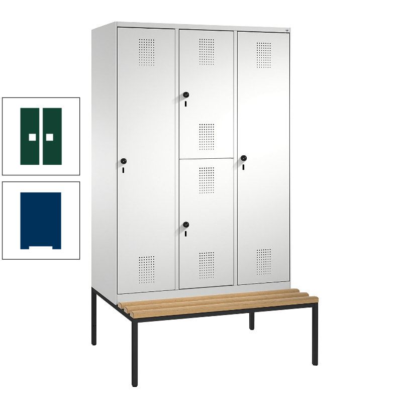 Garderobenschrank, Spind ein- und doppelstöckig Sitzbank, 3 Abteile, 4 Fächer, 2.090x1.200x500 mm (HxBxT), Front anthrazitgrau, Korpus anthrazitgrau