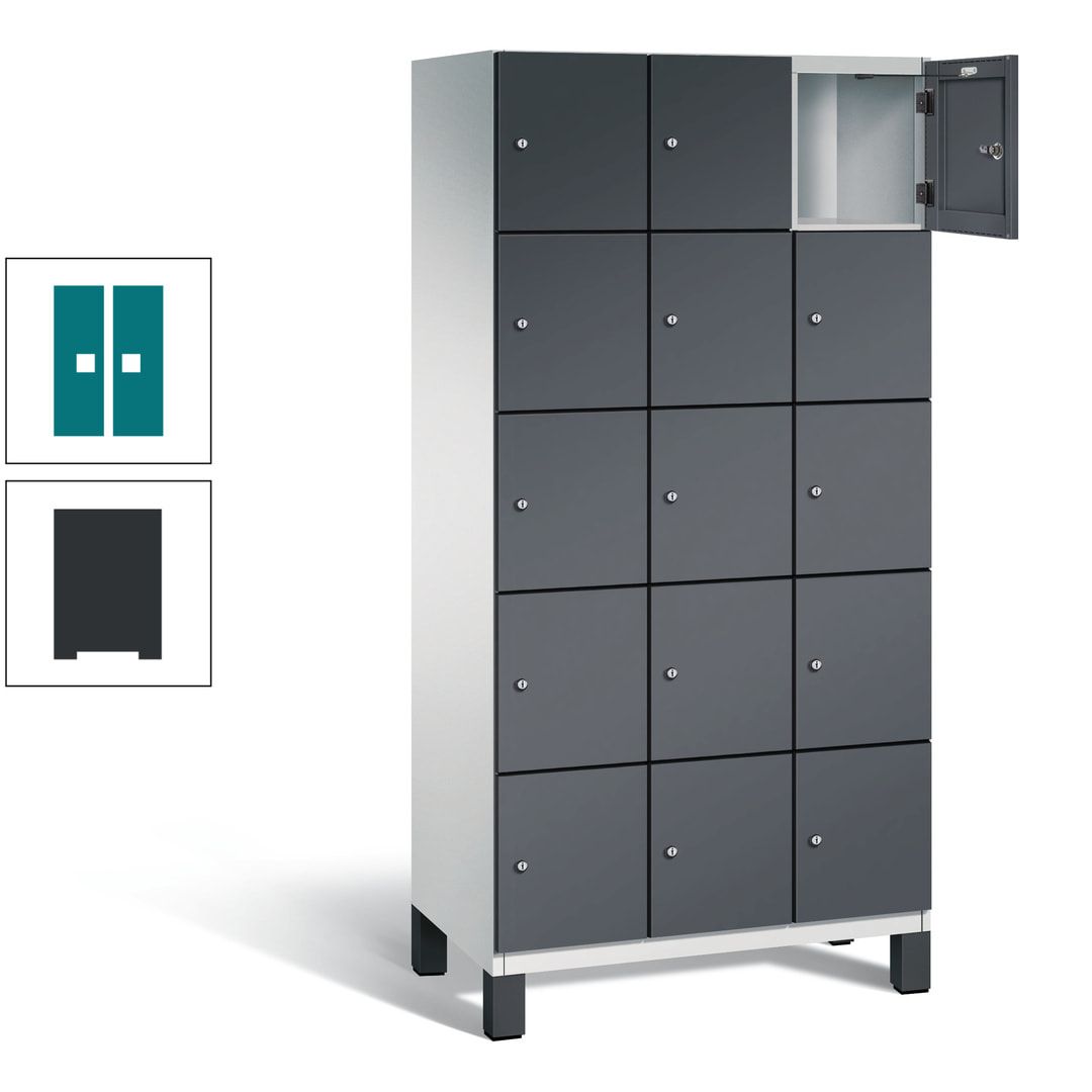 Fächerschrank, Stahlschrank, 15 Fächer, Türöffnungsbegrenzer, Füße, 1.980 x 900 x 525 mm (HxBxT), Korpus anthrazitgrau, Front anthrazitgrau