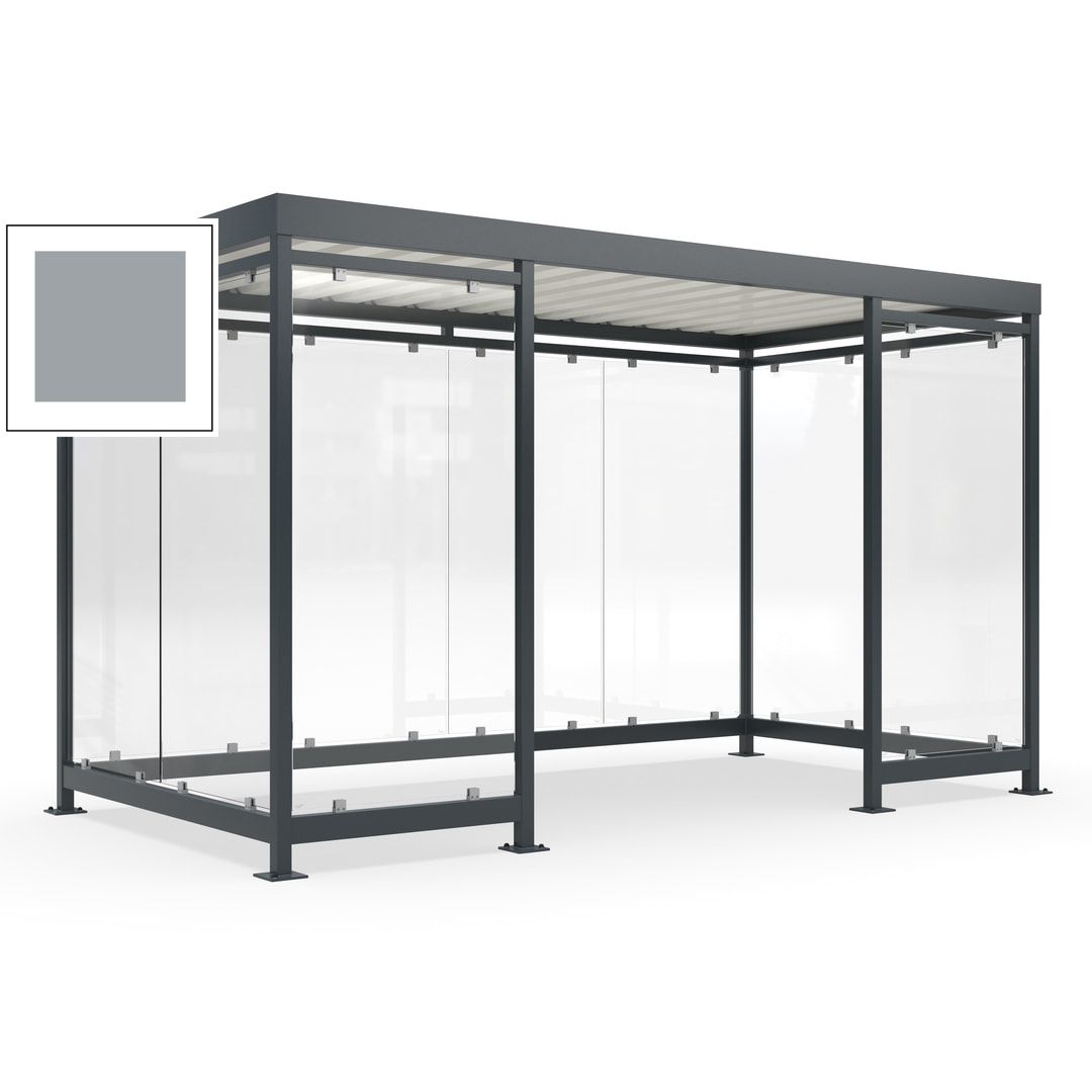 Fahrgastunterstand, Raucherunterstand, fertig montiert, Aufdübeln, 12-13 Personen, 2.510 x 4.195 x 2.165 mm (HxBxT), 10 Wände, Achatgrau