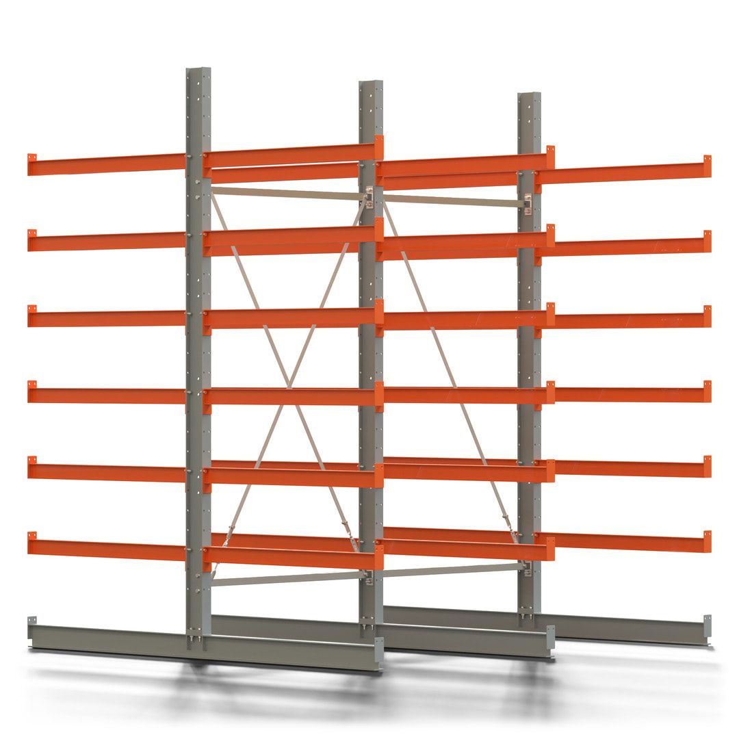 Doppelseitiges Kragarmregal, 2 Felder, 3.000 x 2.560 x 1.120 mm (HxBxT), Nutztiefe 500 mm, Kragarmlast 870 kg, KARL basic, silbergrau/reinorange