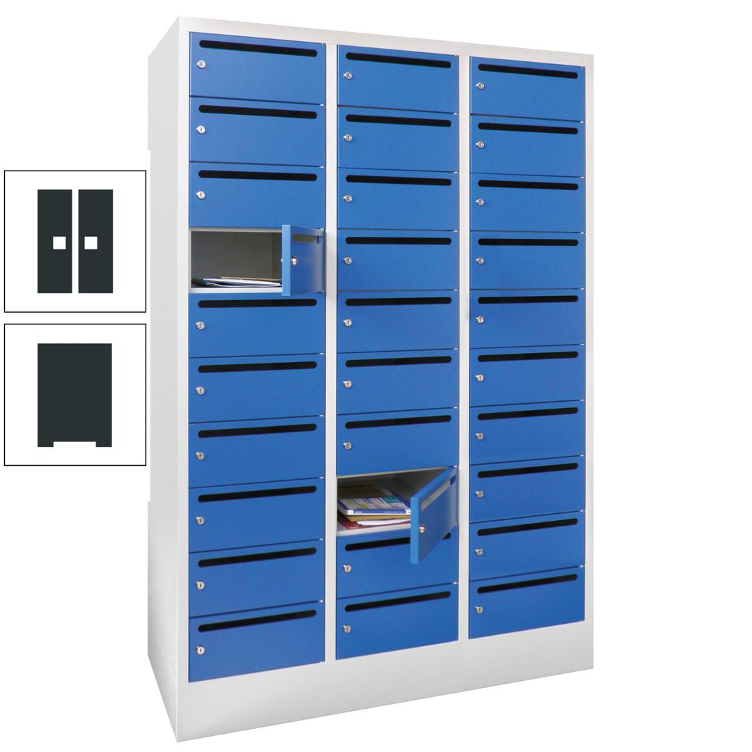 Postverteilerschrank, Schließfachschrank, 3 Abteile a 300 mm, 30 Fächer, 1.850 x 900 x 500 mm (HxBxT), Korpus anthrazitgrau, Front anthrazitgrau
