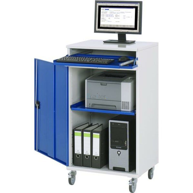Computer-Arbeitsplatz, PC-Schrank, mobil, Dokumentenfach, Trennboden ausziehbar, Tastaturtablar, verschließbar - Anthrazitgrau
