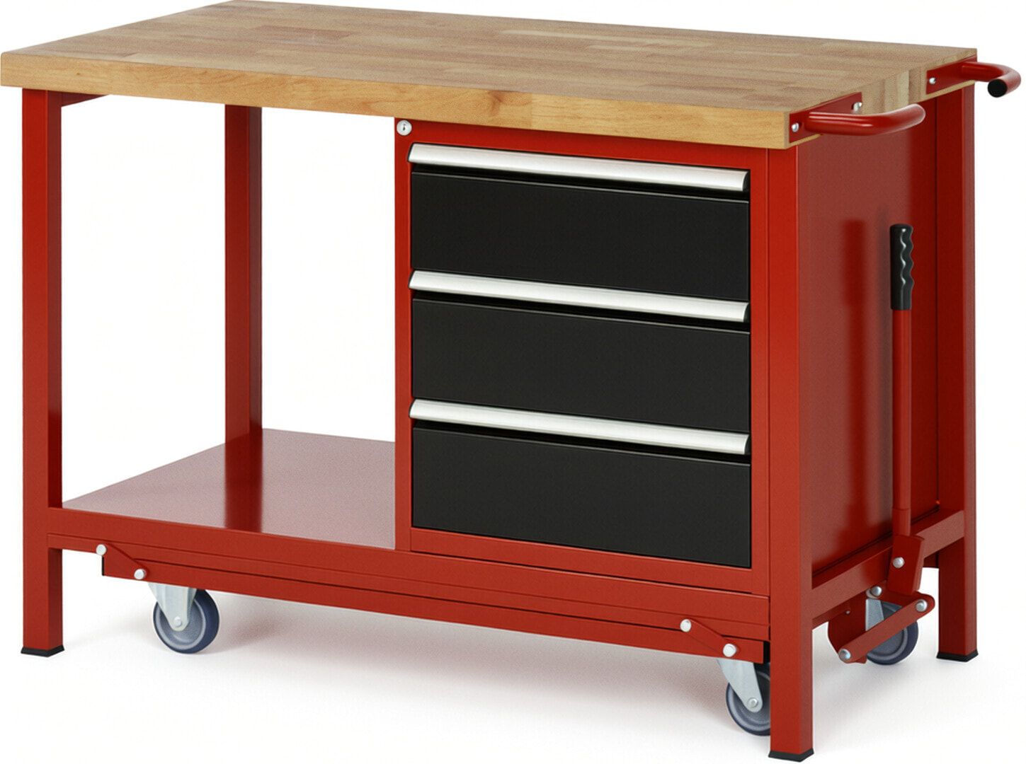 Mobile absenkbare Werkbank mit 3 Schubladen - Teilauszug - 180:3 - 880 x 1.250 x 700 mm (HxBxT) - 1,25 t - Buche - Anthrazitgrau
