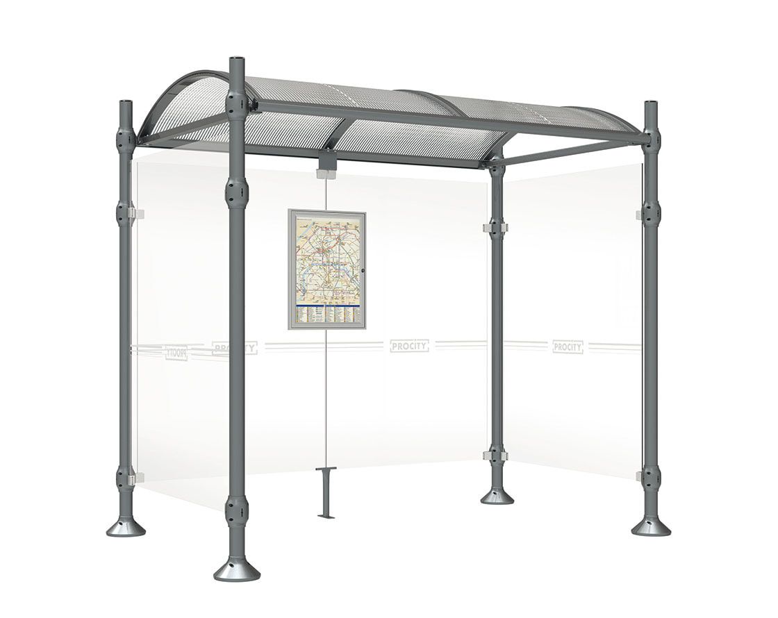 Buswartehalle, Unterstand, 2 Seitenwände, Kopf gebürsteter Edelstahl, ESG, Fahrplanschaukasten, 2.500 x 2.500 x 1.600 mm (HxBxT), Farbe enzianblau