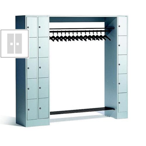 Garderobenanlage, Offene Garderobe mit Spindschrank, 15 Fächer, links/rechts, Korpus lichtgrau, Türfarbe enzianblau, 1.950 x 2.100 x 480 mm (HxBxT)