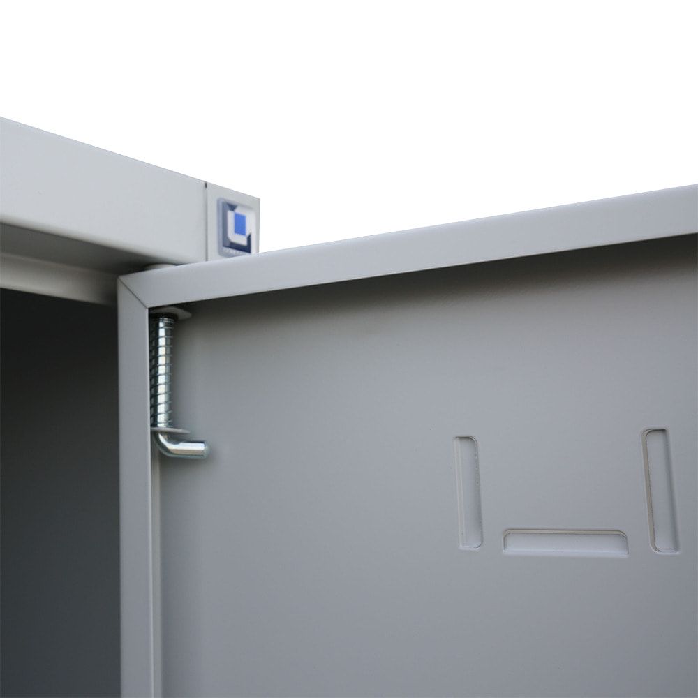 Mehrzweckschrank, Garderobenschrank, 2 Abteile, 6 Fächer, 1.800 x 600 x 500 mm (HxBxT), Kleiderstange, Stahl, Korpus: lichtgrau, Front: enzianblau