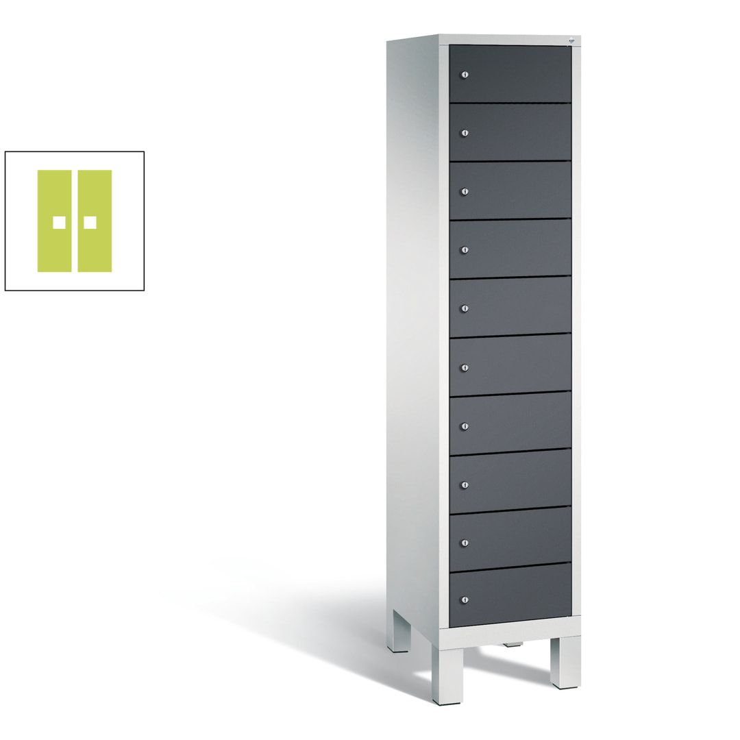 Laptopschrank, Tabletschrank, Computerschrank auf Füßen, 10 Fächer, 1.850 x 420 x 500 mm (HxBxT), Korpus gelborange, Tür anthrazitgrau