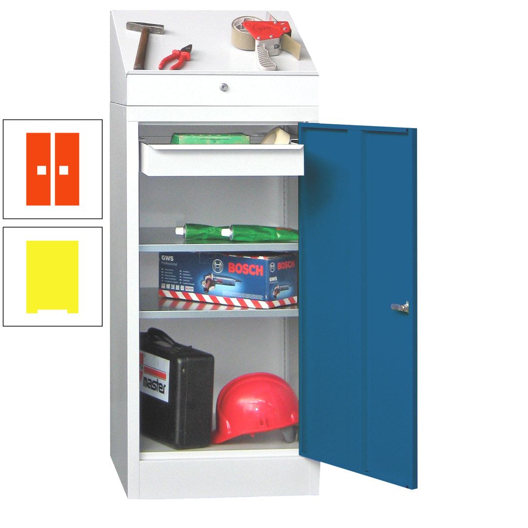 Stehpult mit Schrank - Vollblechtür - 1 Einlegeboden, 1 Ausziehboden, 1 Schublade - 1.270x500x500 mm (HxBxT) - anthrazitgrau