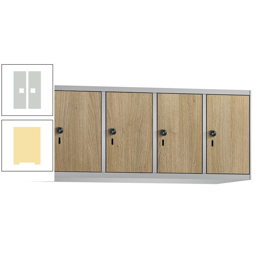 Aufsatzschrank, Schrankaufsatz, 4 Fächer a 300 mm, Farbe Pastellgelb, Tür anthrazitgrau, 500 x 1.200 x 500 mm (HxBxT)
