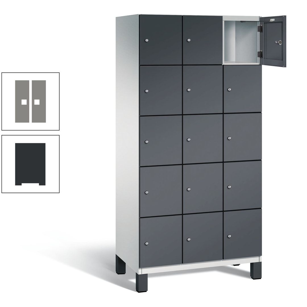 Fächerschrank, Stahlschrank, 15 Fächer, Türöffnungsbegrenzer, Füße, 1.980 x 900 x 525 mm (HxBxT), Korpus anthrazitgrau, Front anthrazitgrau