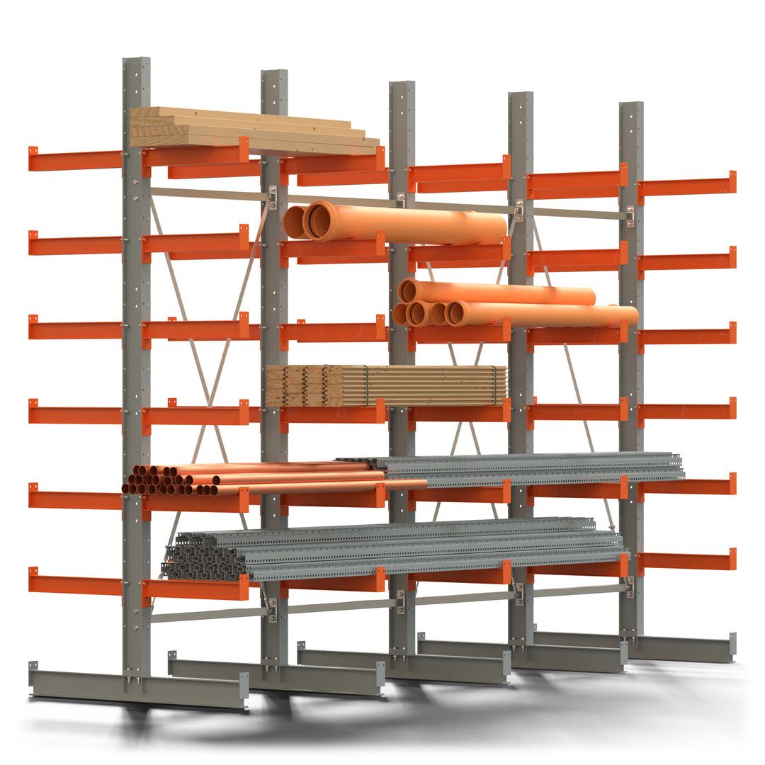 Doppelseitiges Kragarmregal, 2 Felder, 3.000 x 2.000 x 1.120 mm (HxBxT), Nutztiefe 500 mm, Kragarmlast 870 kg, KARL basic, silbergrau/reinorange