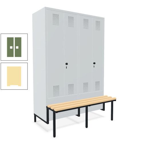 Doppel-Spind, Garderobenschrank, Buche Sitzbank integriert, 4 Abteile 300 mm, Korpus anthrazitgrau, Tür anthrazitgrau, 1.850 x 1.200 x 815 mm (HxBxT)