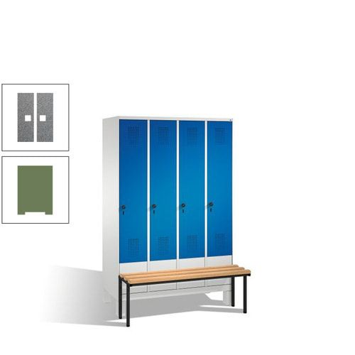 Stahl-Garderobenschrank, Spind, Buche Sitzbank vorgebaut, 4 Abteile a 300 mm, Korpus Lichtgrün, Tür Schwefelgelb, 1.850 x 1.200 x 815 mm (HxBxT)