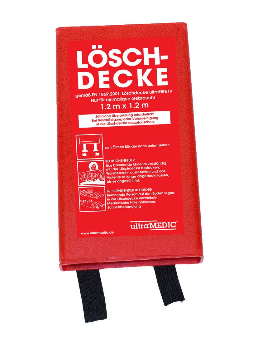 ultraMEDIC Feuerlöschdecke, aus Glasgewebe, DIN EN 1869, 1.200 x 1.200 mm (BxL), in Kunststoffbox, mit Grifftaschen, Fettbrand, Entstehungsbrand