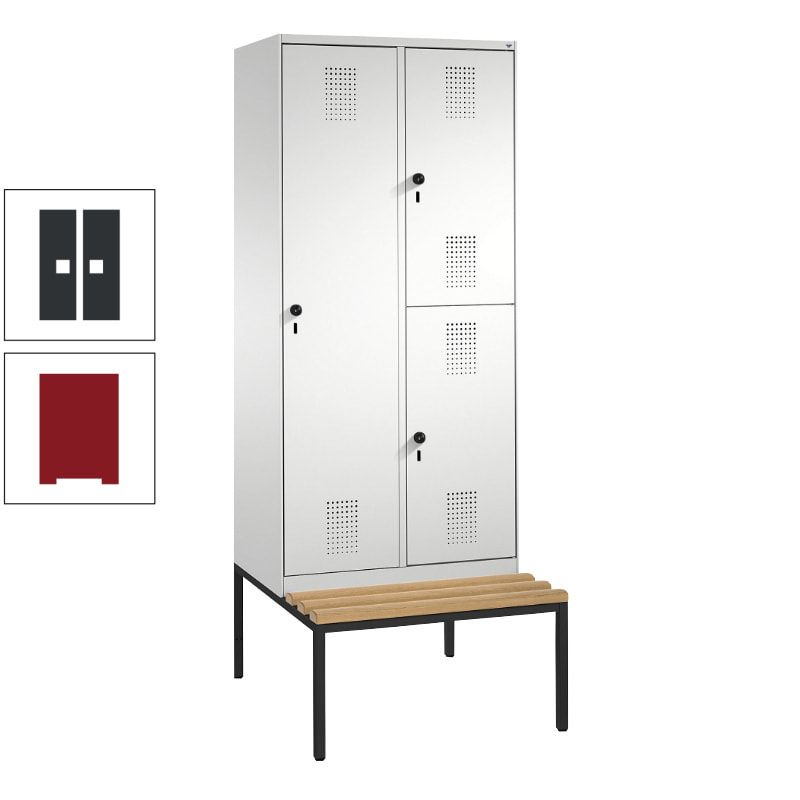 Garderobenschrank, Spind ein- und doppelstöckig Sitzbank, 2 Abteile, 3 Fächer, 2.090 x 800 x 500 mm (HxBxT), Front anthrazitgrau, Korpus anthrazitgrau