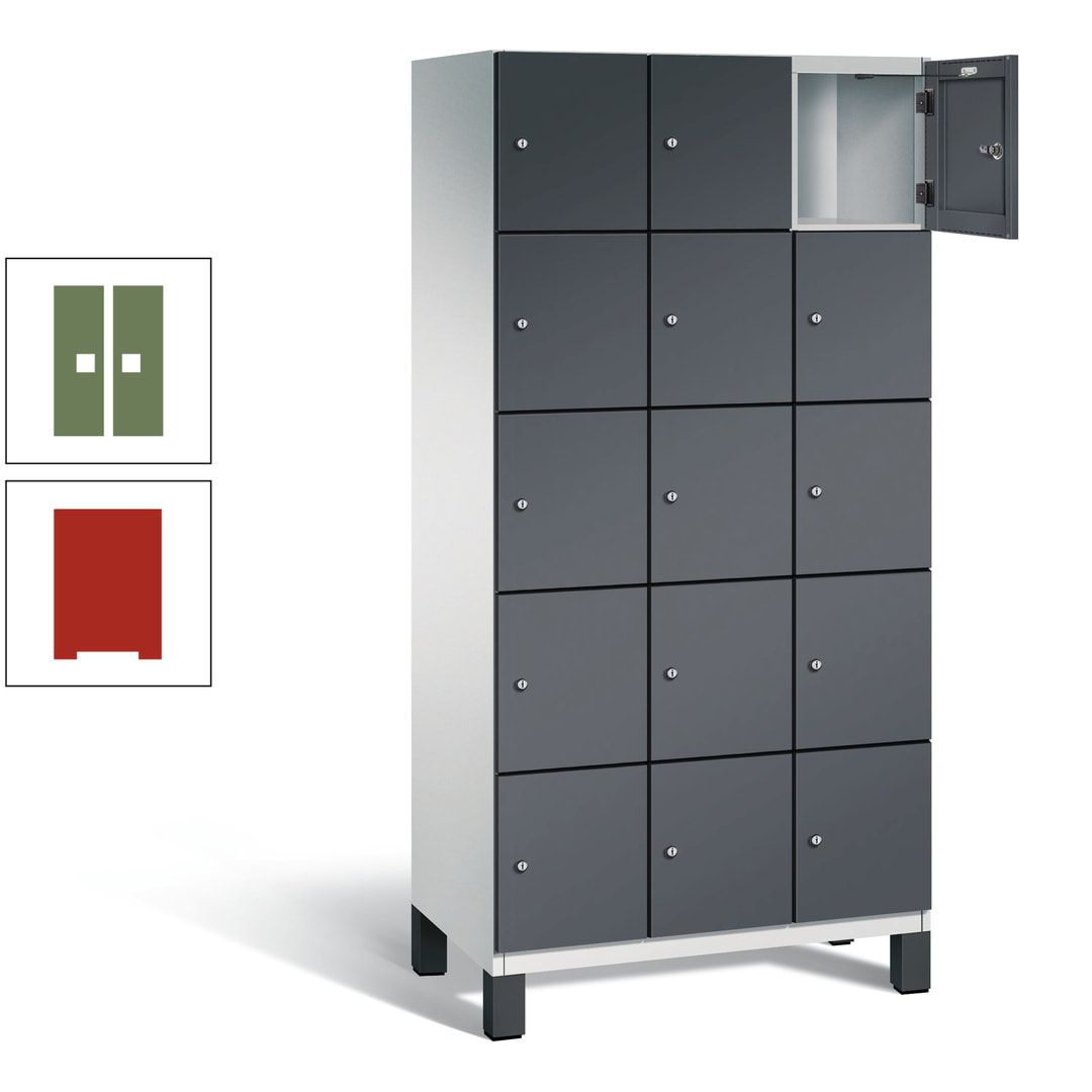 Fächerschrank, Stahlschrank, 15 Fächer, Türöffnungsbegrenzer, Füße, 1.980 x 900 x 525 mm (HxBxT), Korpus anthrazitgrau, Front anthrazitgrau