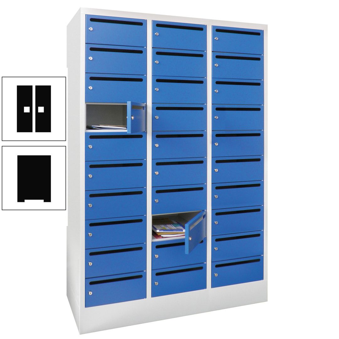 Postverteilerschrank, Schließfachschrank, 3 Abteile a 300 mm, 30 Fächer, 1.850 x 900 x 500 mm (HxBxT), Korpus anthrazitgrau, Front anthrazitgrau