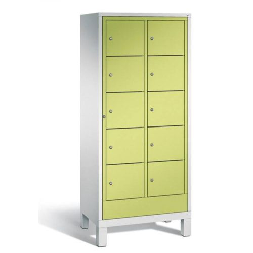 Wäscheschrank, Ausgabeschrank, Fächerschrank, Zentraltür, Füße, 2x5 Fächer, Korpus Pastellgelb, Tür anthrazitgrau, 1.850 x 810 x 500 mm (HxBxT)