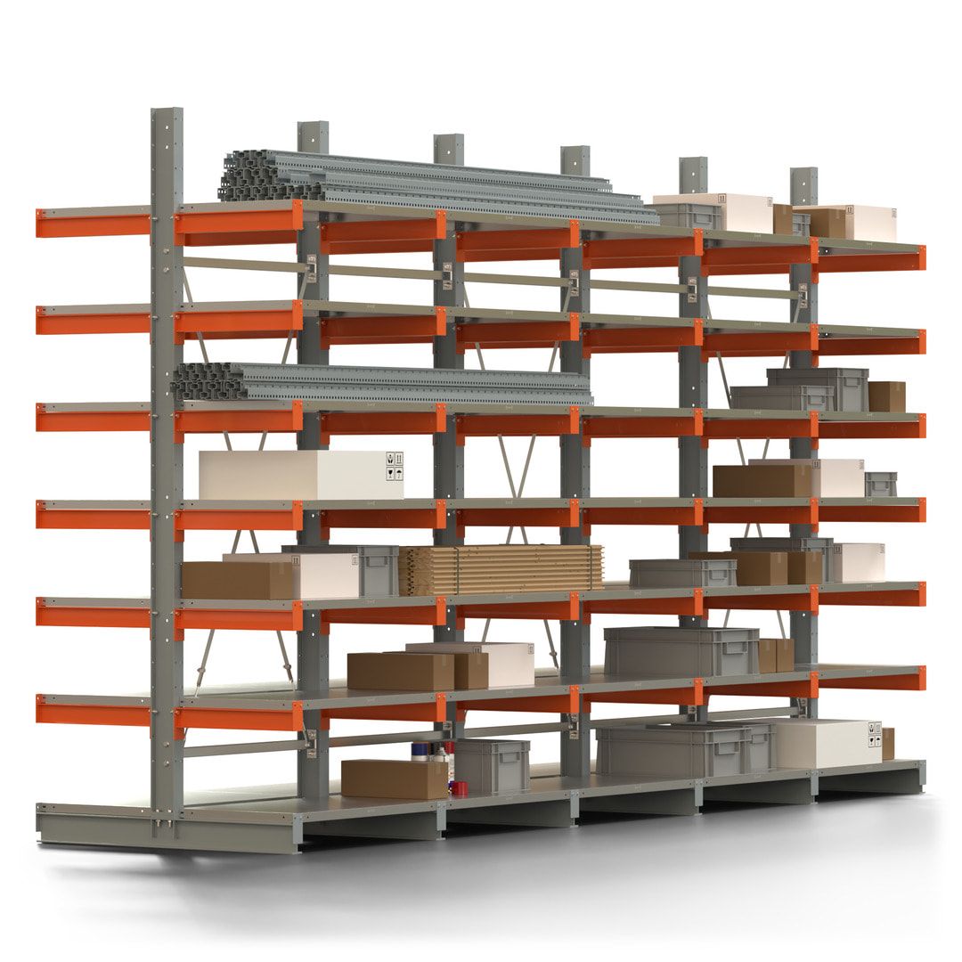 Doppelseitiges Kragarmregal mit Fachböden, 2 Felder, 3.000 x 2.000 (HxB), Nutztiefe 1.000 mm, Kragarmlast 450 kg, KARL basic, silbergrau/reinorange