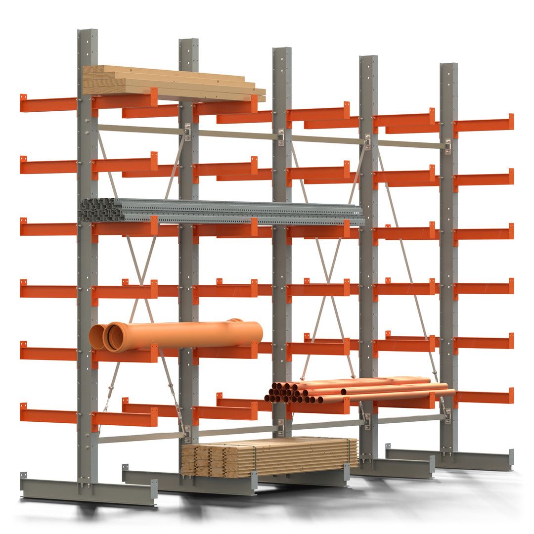 Doppelseitiges Kragarmregal, 2 Felder, 3.000 x 2.000 x 1.120 mm (HxBxT), Nutztiefe 500 mm, Kragarmlast 870 kg, KARL basic, silbergrau/reinorange