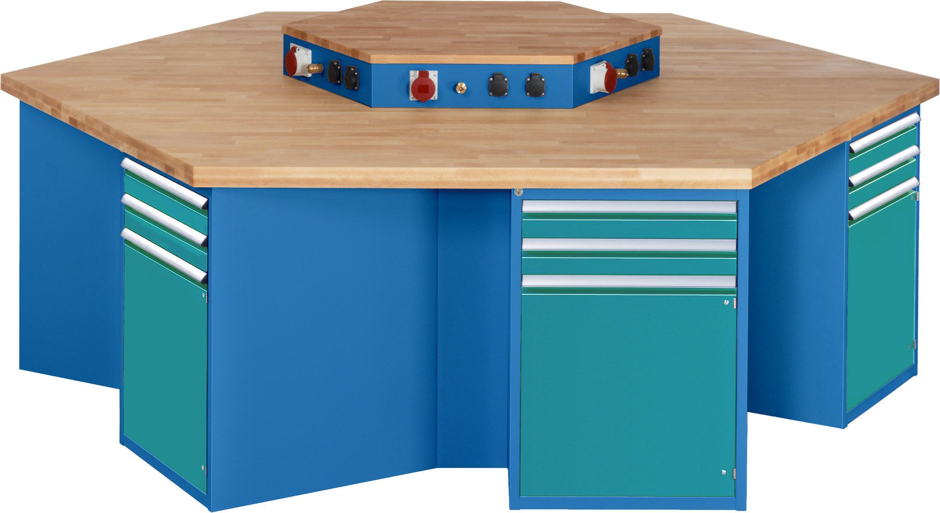 Gruppenwerkbank, Buche, Höhe 840 mm, mit Energieaufsatz, Unterbau-Container, 2 Schubladen, 1 Tür, 1 Boden - Anthrazitgrau