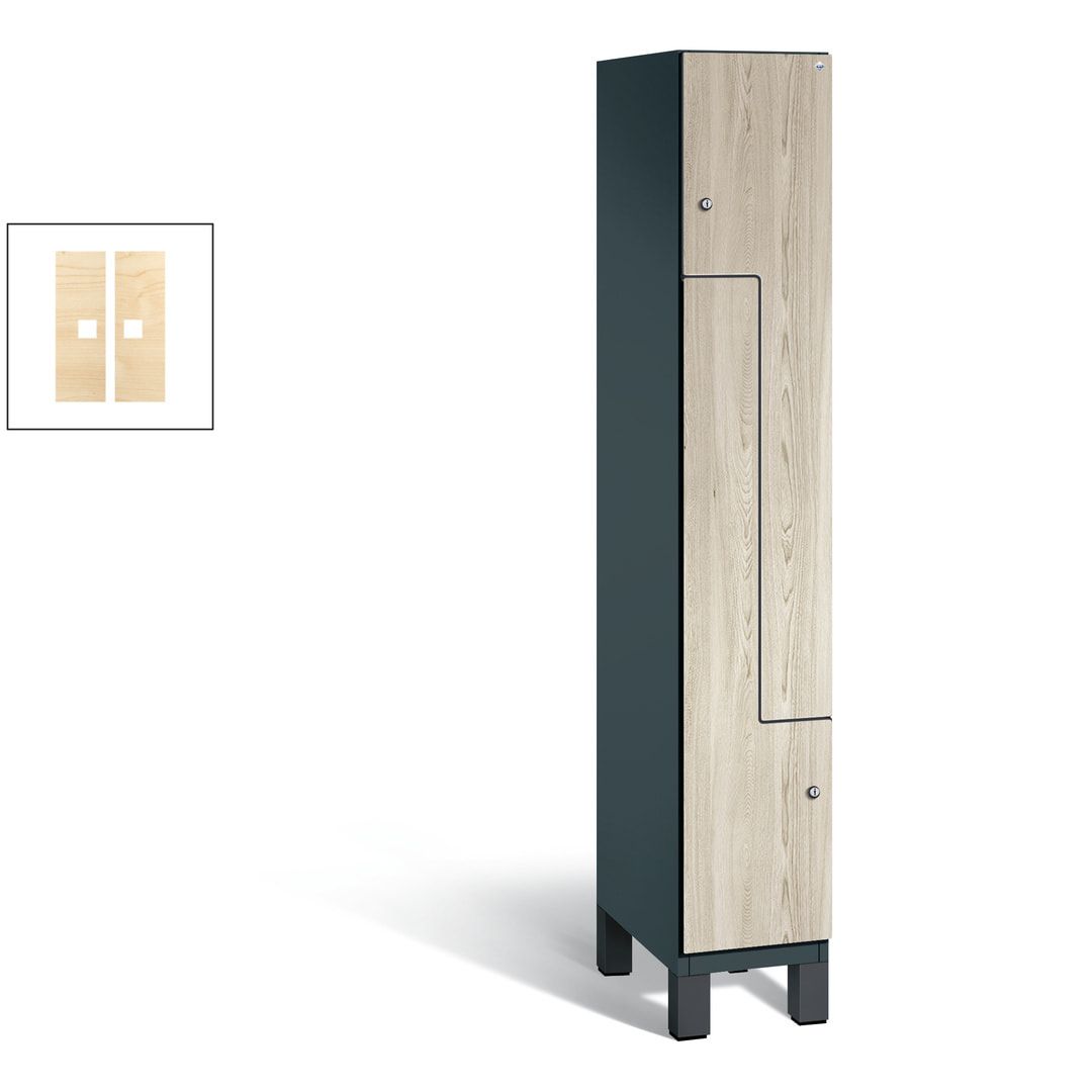 Z-Garderobenspind mit Füßen, 2 Personen, 1.980 x 300 x 525 mm (HxBxT), Korpus anthrazitgrau, Dekorfront HPL Donau-Ahorn