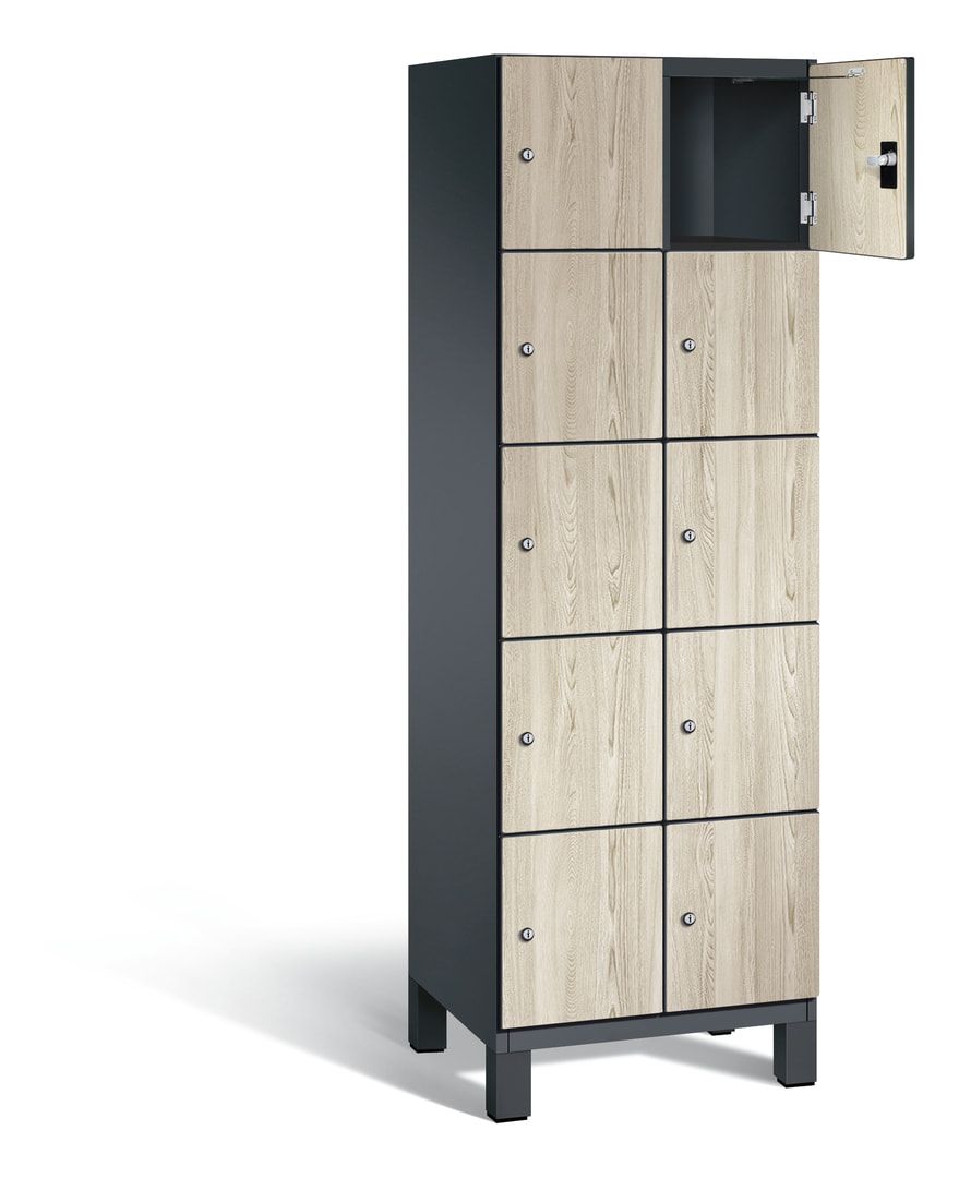 Fächerschrank, Stahlschrank, 10 Fächer, Türöffnungsbegrenzer, Füße, 1.980 x 600 x 525 mm, Korpus anthrazitgrau, Dekorfront HPL Donau-Ahorn