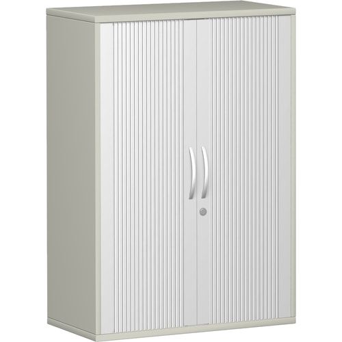 Querrollladenschrank, Dekoreinlageboden, Metallsockel/Standfüße, abschließbar, 1.152 x 1.000 x 425 mm (HxBxT), Korpusfarbe Ahorn, Frontfarbe silber