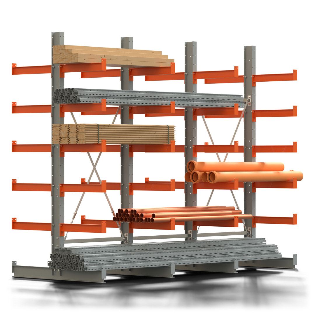 Doppelseitiges Kragarmregal, 2 Felder, 2.500 x 2.000 x 1.120 mm (HxBxT), Nutztiefe 500 mm, Kragarmlast 870 kg, KARL basic, silbergrau/reinorange