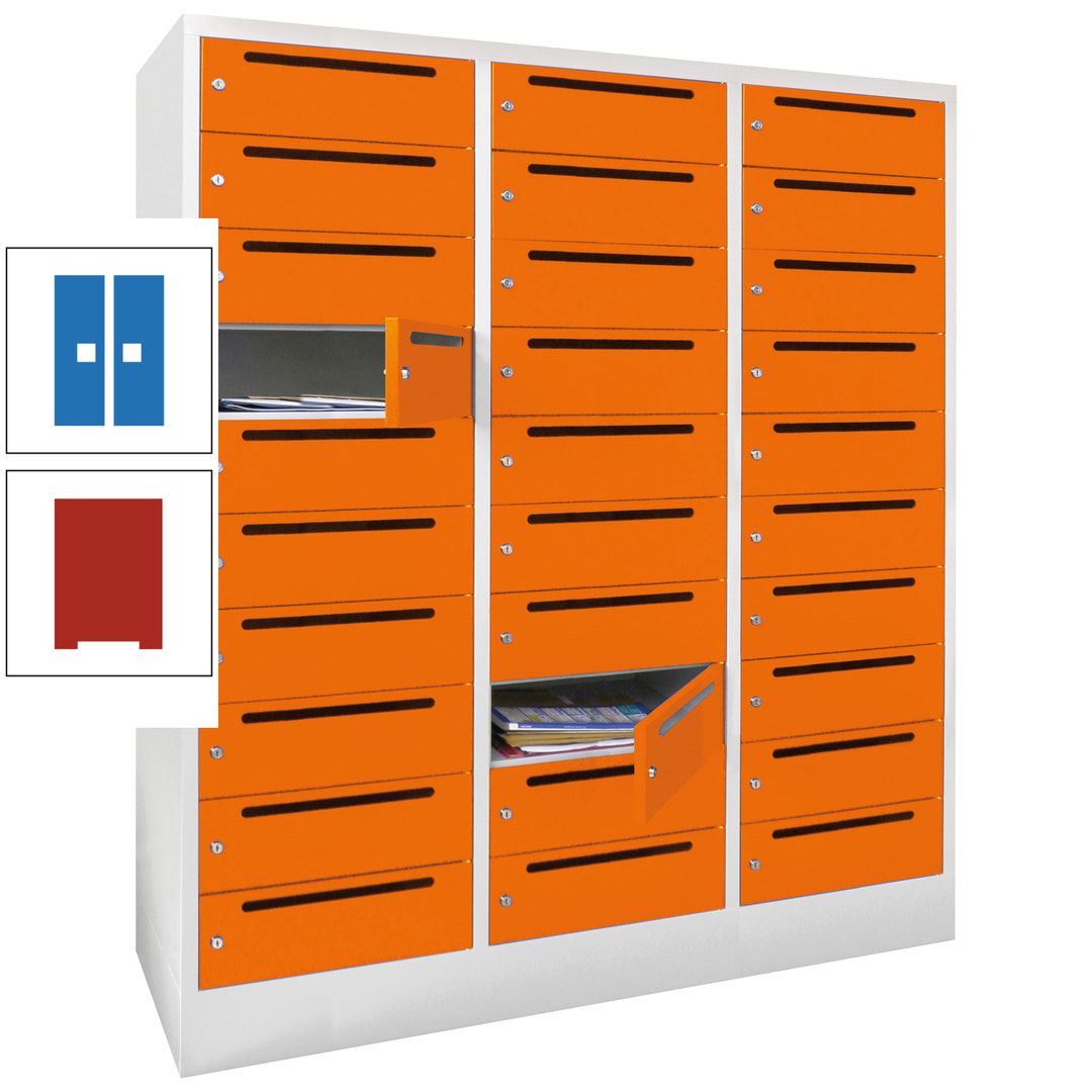 Postverteilerschrank, Schließfachschrank, 3 Abteile a 40 cm, 30 Fächer, 1.850 x 1.200 x 500 mm (HxBxT), Korpus anthrazitgrau, Front anthrazitgrau
