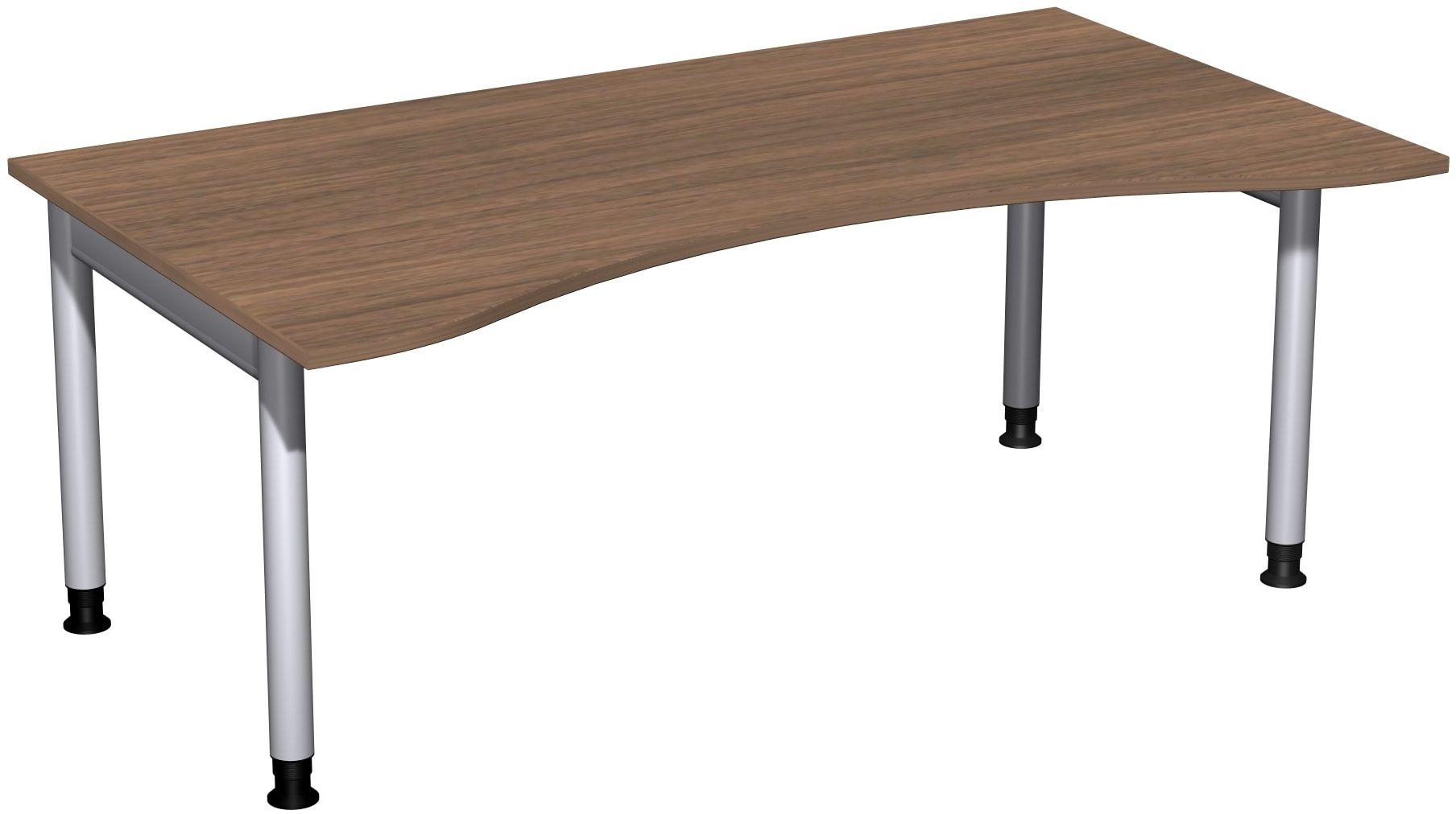 Ergo-Schreibtisch, Füße einseitig verkürzt, 4-Fuß Pro, höhenverstellbar, 680-800 x 1.600 x 1.000 mm (HxBxT), Gestell silber, Dekor Ahorn