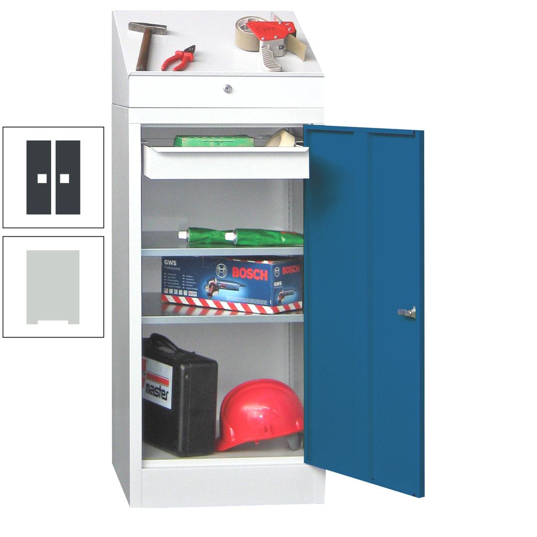 Stehpult mit Schrank - Vollblechtür - 1 Einlegeboden, 1 Ausziehboden, 1 Schublade - 1.270x500x500 mm (HxBxT) - anthrazitgrau