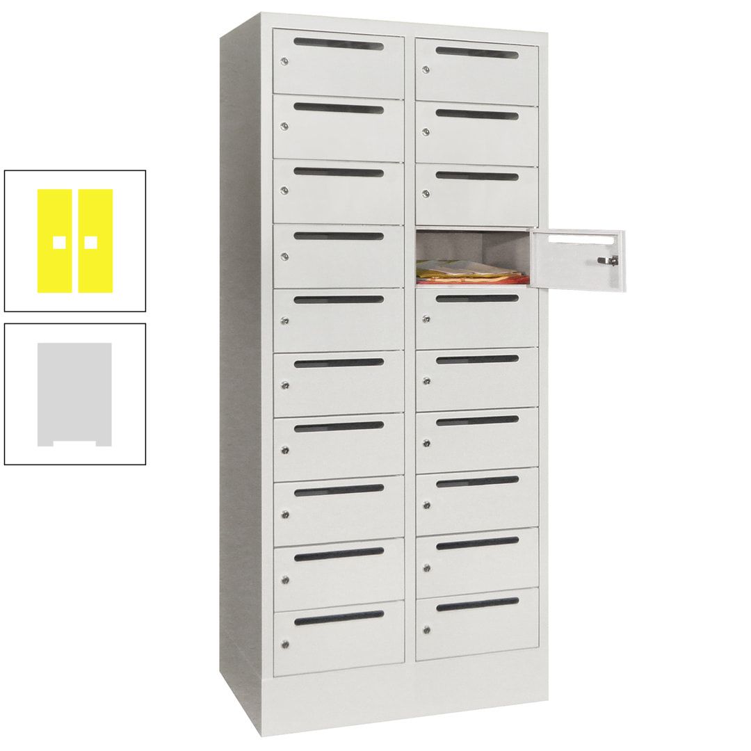 Postverteilerschrank, Schließfachschrank, 2 Abteile a 400 mm, 20 Fächer, 1.850 x 800 x 500 mm (HxBxT), Korpus anthrazitgrau, Front anthrazitgrau