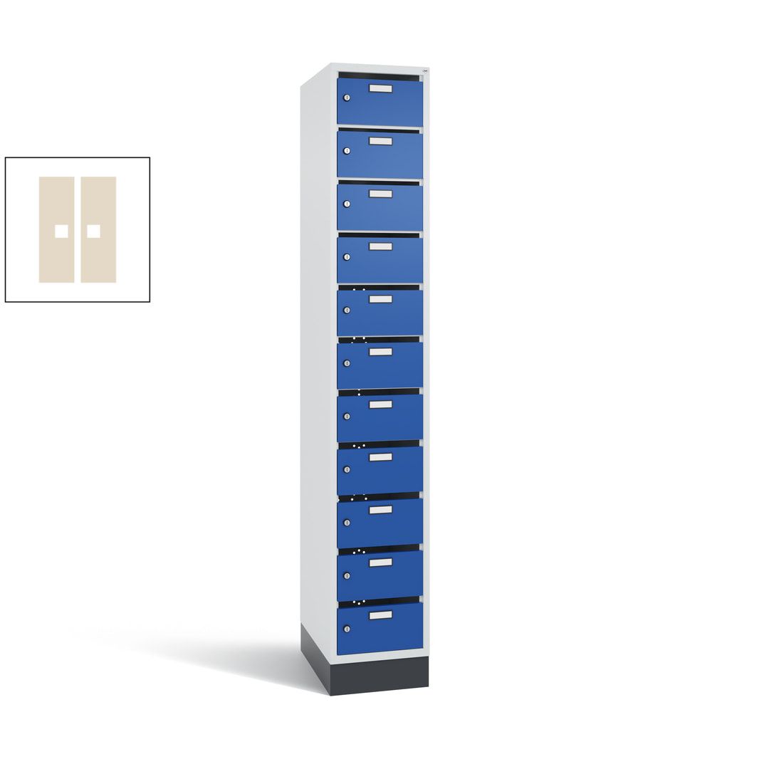 Postverteilerschrank, Schließfachschrank, mit Sockel, 11 Fächer, 1.950 x 320 x 500 mm (HxBxT), Korpus lichtgrau, Tür anthrazitgrau