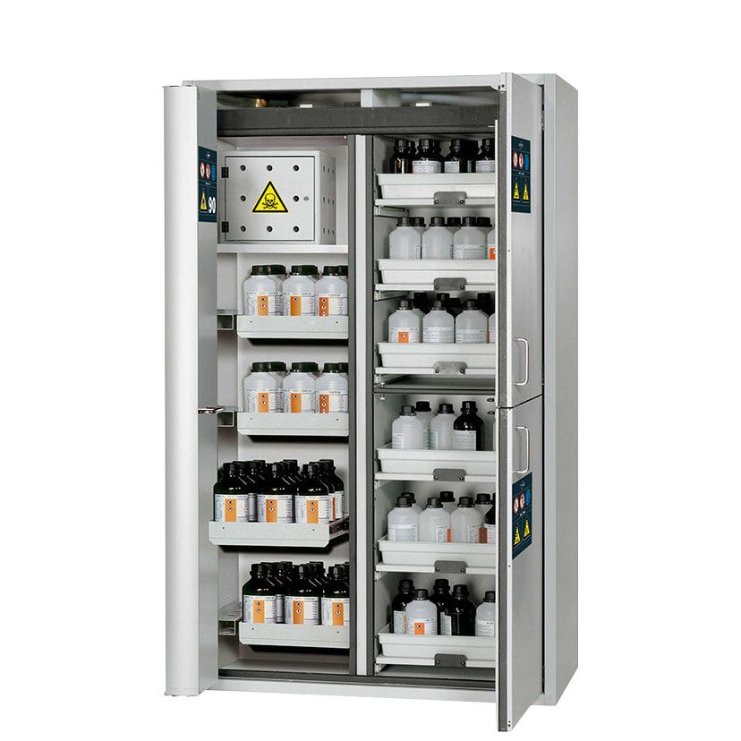 Sicherheitsschrank Typ 90 - Trennwand - Gefahrstoffcenter - ca. 2 x 1,2 x 0,6 m - Auszugswannen - Tablarauszüge - Edelstahl