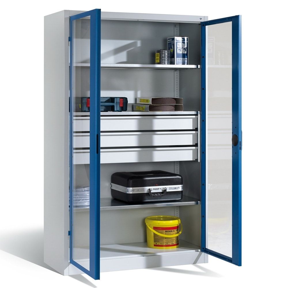 C+P Großraum Werkzeugschrank mit Sichtfenstertüren, 3 Fachböden, 3 Schubladen mittig, Farbe lichtgrau, 1.950 x 1.200 x 600 (HxBxT)