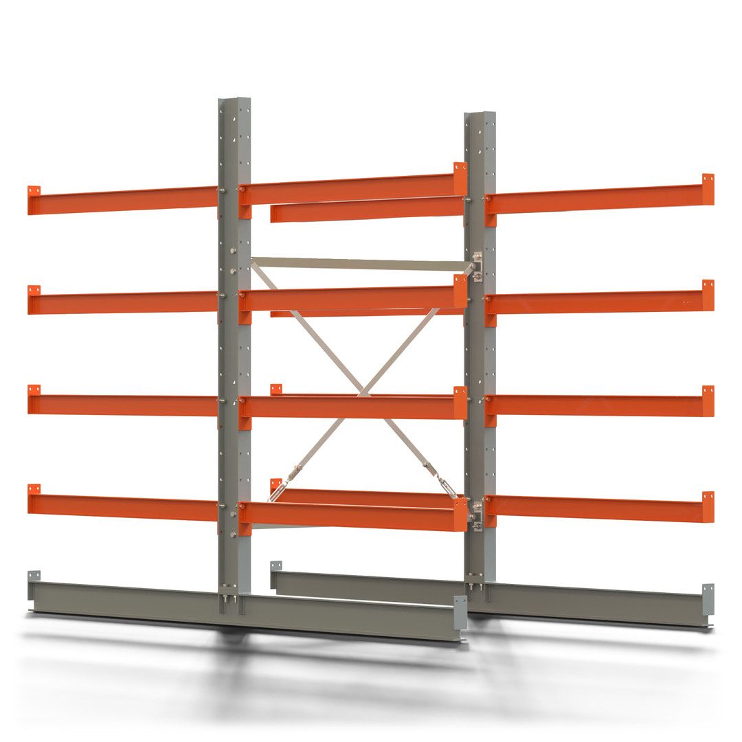 Doppelseitiges Kragarmregal, Anbauregal, 2.000 x 1.280 x 1.120 mm (HxBxT), Nutztiefe 500 mm, Kragarmlast 870 kg, KARL basic, silbergrau/reinorange