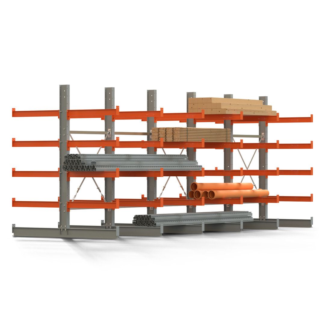 Doppelseitiges Kragarmregal, 2 Felder, 2.000 x 2.000 x 1.120 mm (HxBxT), Nutztiefe 500 mm, Kragarmlast 870 kg, KARL basic, silbergrau/reinorange