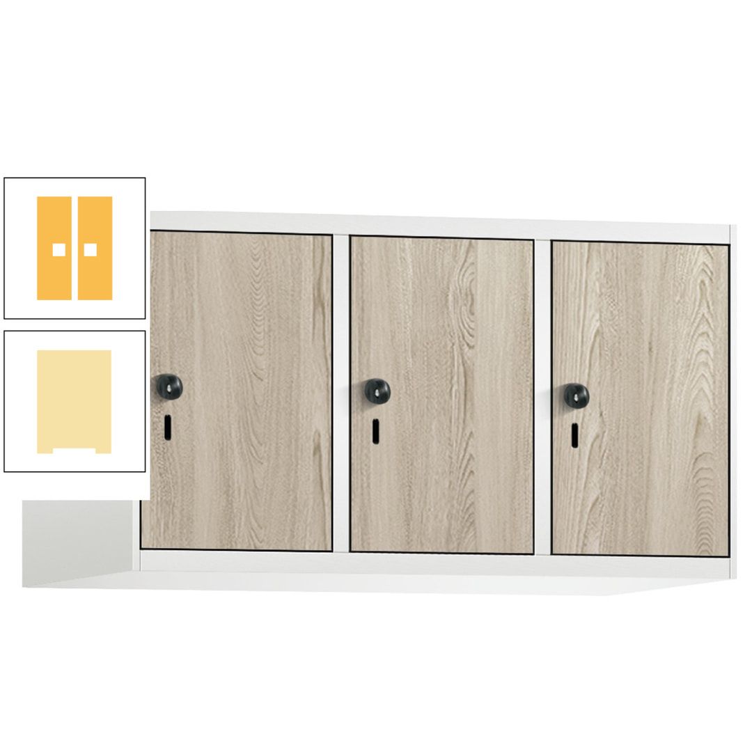 Aufsatzschrank, Schrankaufsatz, 3 Fächer a 300 mm, Farbe Pastellgelb, Tür anthrazitgrau, 500 x 900 x 500 mm (HxBxT)