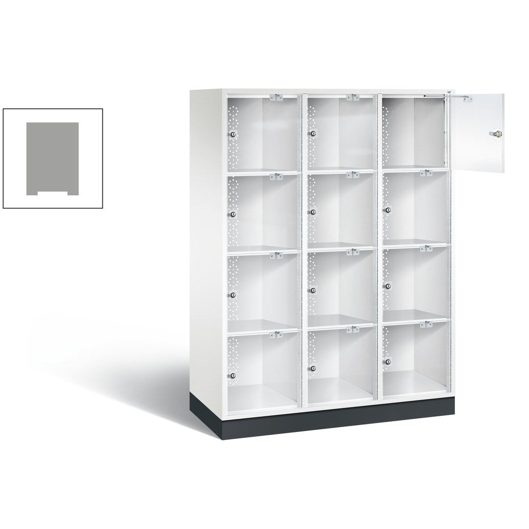 Schließfachschrank, Fächerschrank mit Türen aus Acrylglas, 3 Abteile, 12 Fächer, Zylinderschloss, 1.750 x 1.220 x 500 mm (HxBxT), Korpus anthrazitgrau