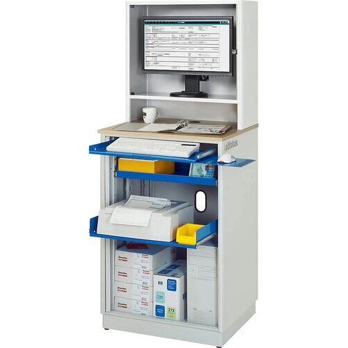 Computer-Arbeitsplatz, Steckdosen Buche-Dekor, Monitorgehäuse, Mausauflage, verschließbare Rollladen, Tastaturtablar - Anthrazitgrau