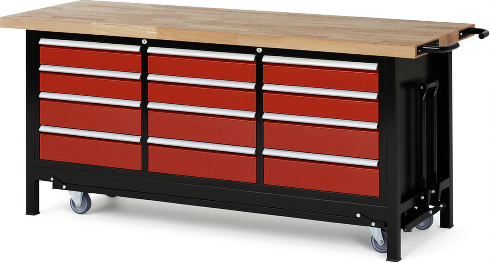 Mobile absenkbare Werkbank, 12 Schubladen - Teilauszug - 120:6/150:6 - 880 x 2.000 x 700 mm (HxBxT) - 1,25 t - Buche - Anthrazitgrau