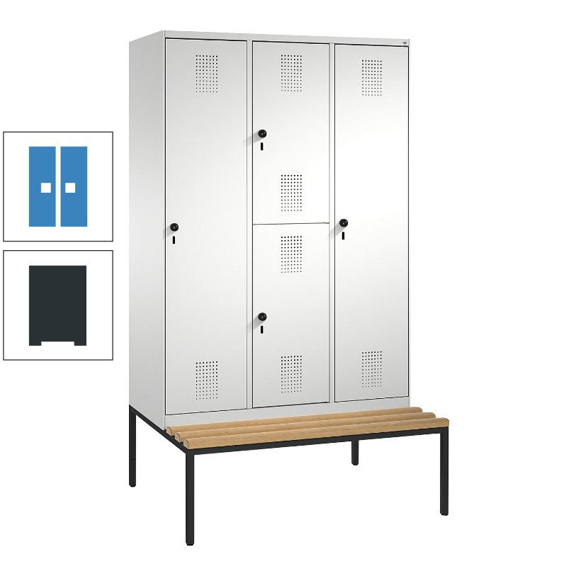Garderobenschrank, Spind ein- und doppelstöckig Sitzbank, 3 Abteile, 4 Fächer, 2.090x1.200x500 mm (HxBxT), Front anthrazitgrau, Korpus anthrazitgrau