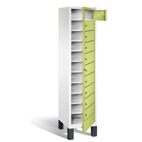 Wäscheschrank, Ausgabeschrank, Fächerschrank, Zentraltür, Füße, 10 Fächer, Korpus Pastellgelb, Tür anthrazitgrau, 1.850 x 420 x 500 mm (HxBxT)