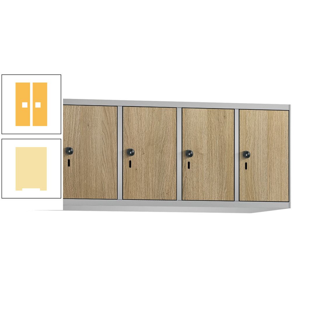 Aufsatzschrank, Schrankaufsatz, 4 Fächer a 300 mm, Farbe Pastellgelb, Tür anthrazitgrau, 500 x 1.200 x 500 mm (HxBxT)